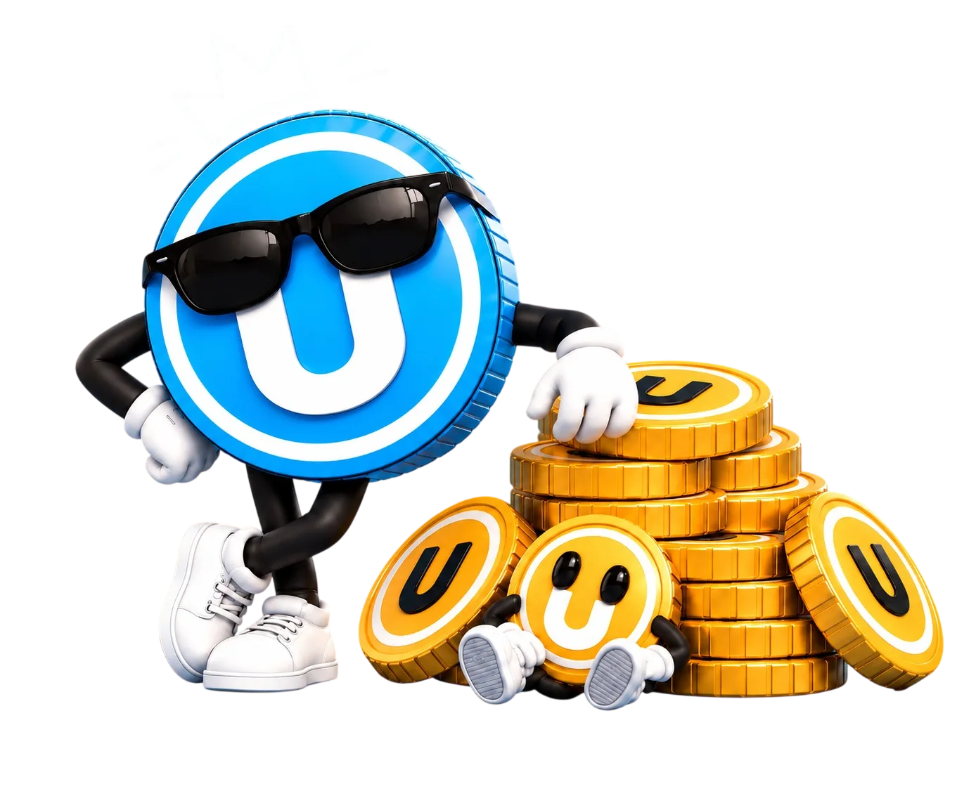 The blue $USEFUL coin in sunglasses leaning on a pile of sleeping yellow $USELESS coins